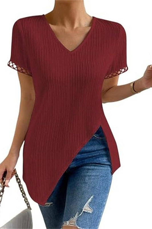 CWTBLS1360_SOLID COLOR LACE V-NECK SHORT-SLEEVED TOP