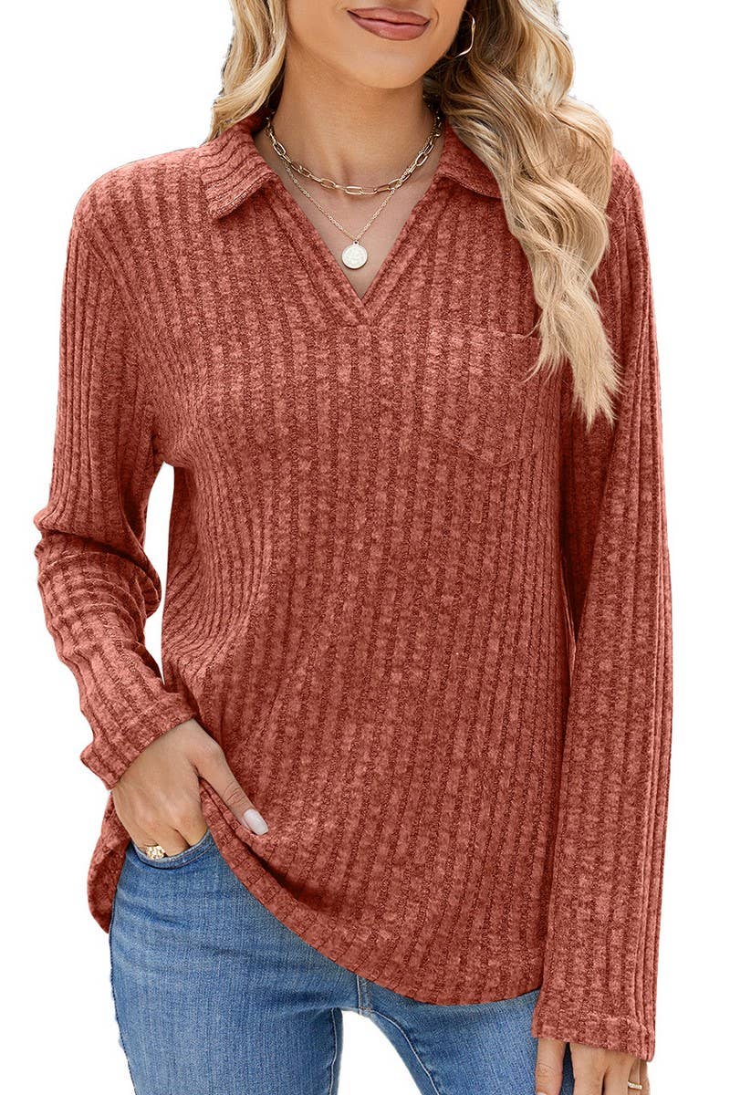 CWTBLL2329_SOLID COLOR LAPEL POCKET LONG SLEEVE LOOSE TOP