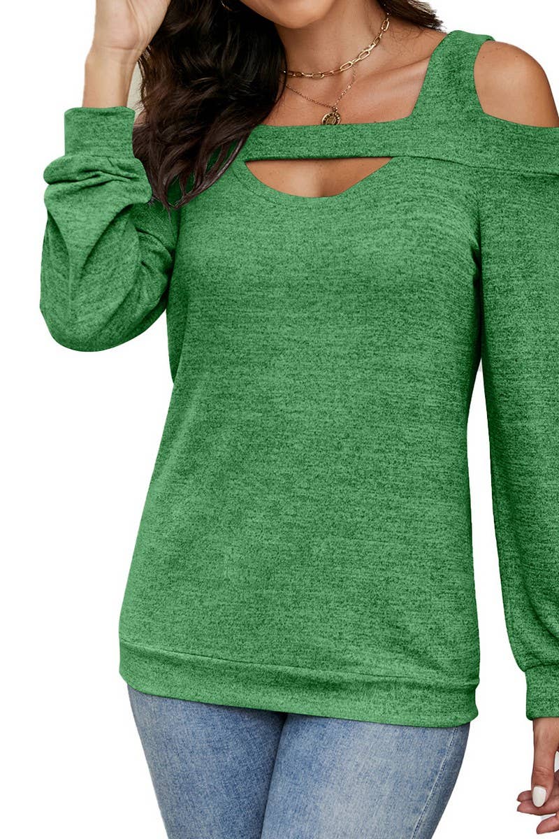 CWTBLL2373_OFF-SHOULDER HOLLOW SOLID COLOR LONG-SLEEVED TOP
