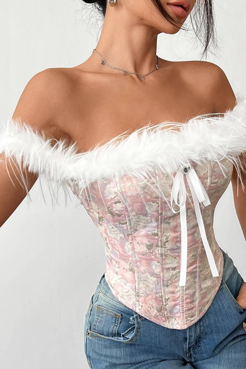 CWTTT0054_OFF-SHOULDER FUR PATCHWORK HERRINGBONE TOP