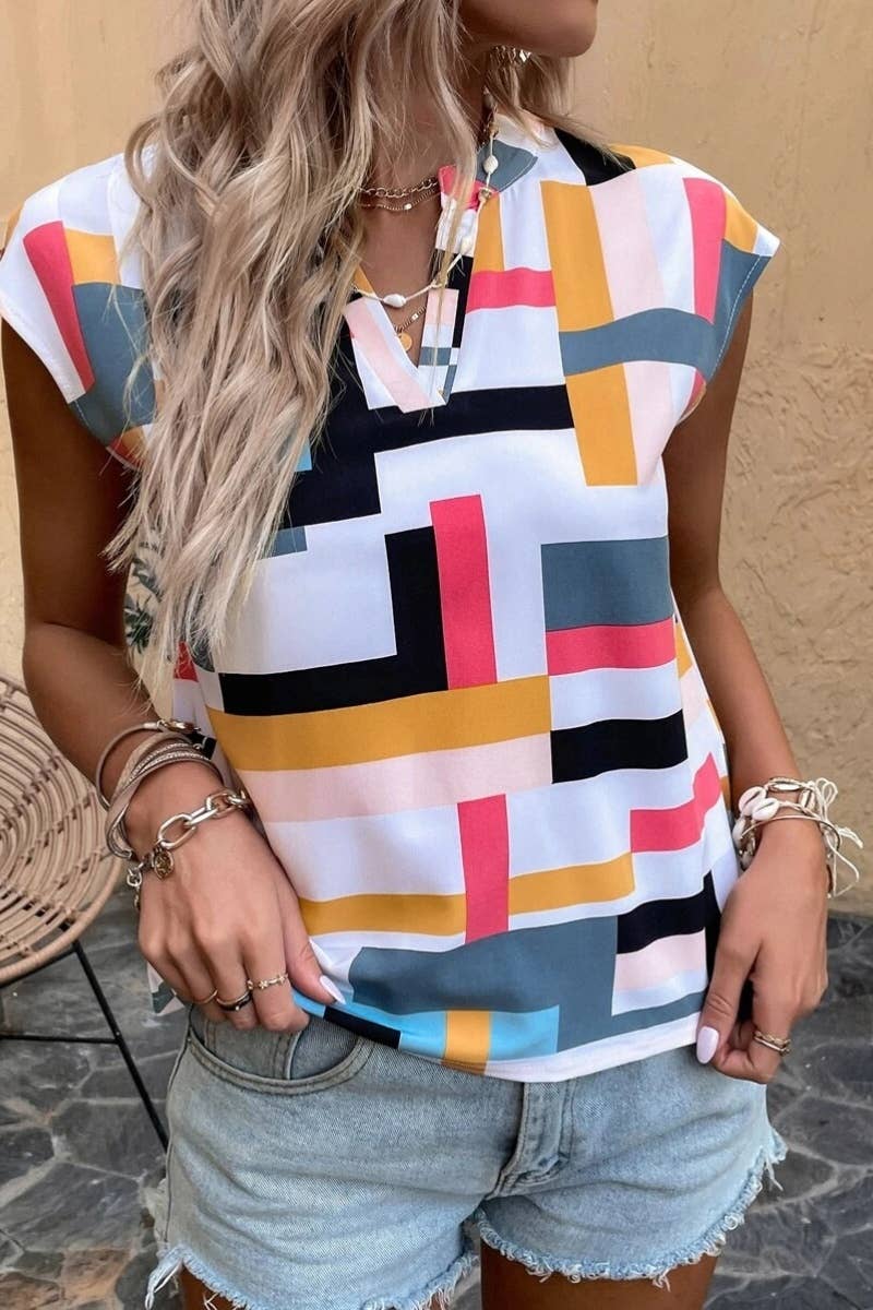 CWTBLS1123_SUMMER PRINTED V-NECK SLEEVELESS TOP