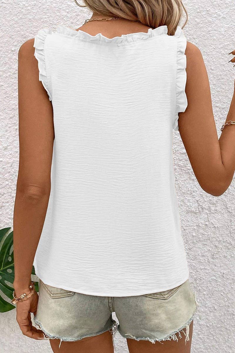 CWTTK0807_SOLID COLOR V-NECK RUFFLE SLEEVELESS TANK TOP