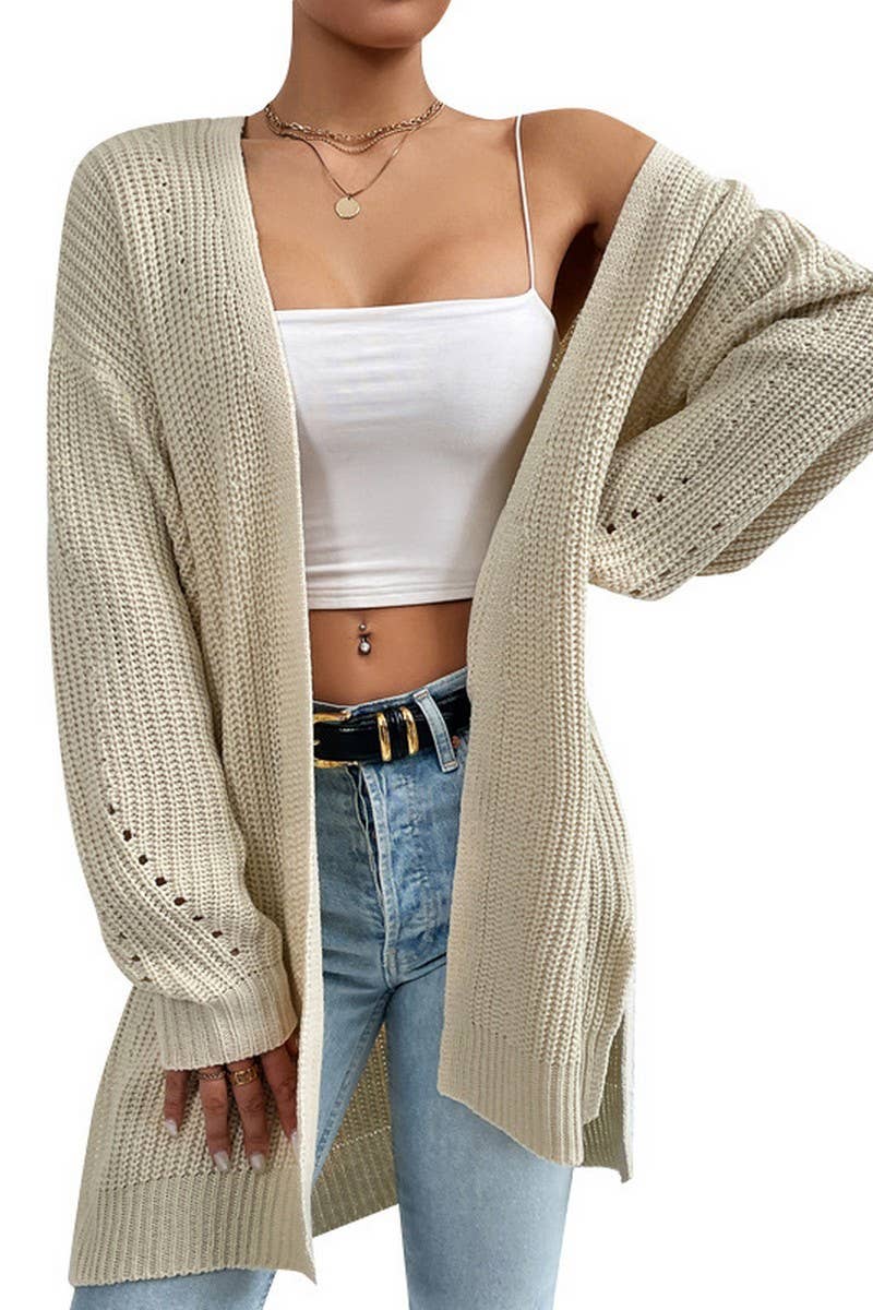 CWOCAL0747_SOLID COLOR V-NECK MID-LENGTH KNITTED CARDIGAN