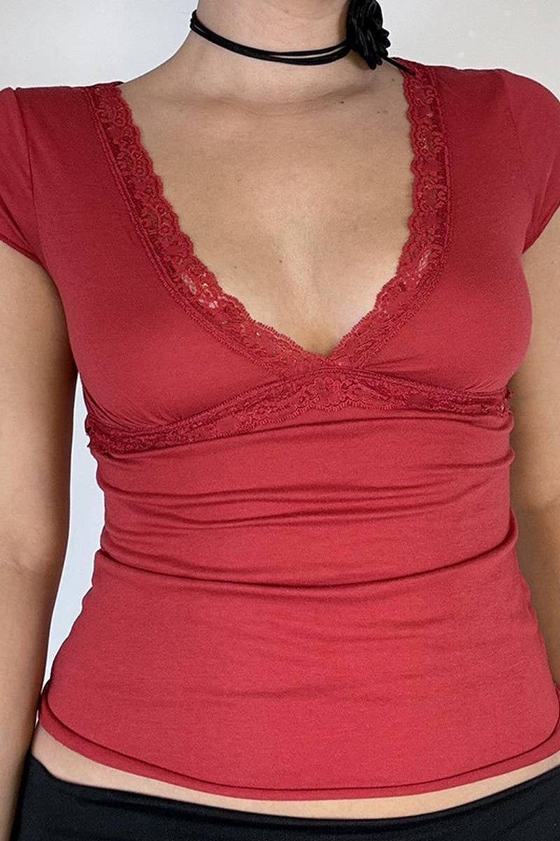 CWTBLS1929_LACE TRIM DEEP V SHORT SLEEVE SEXY TEE TOP