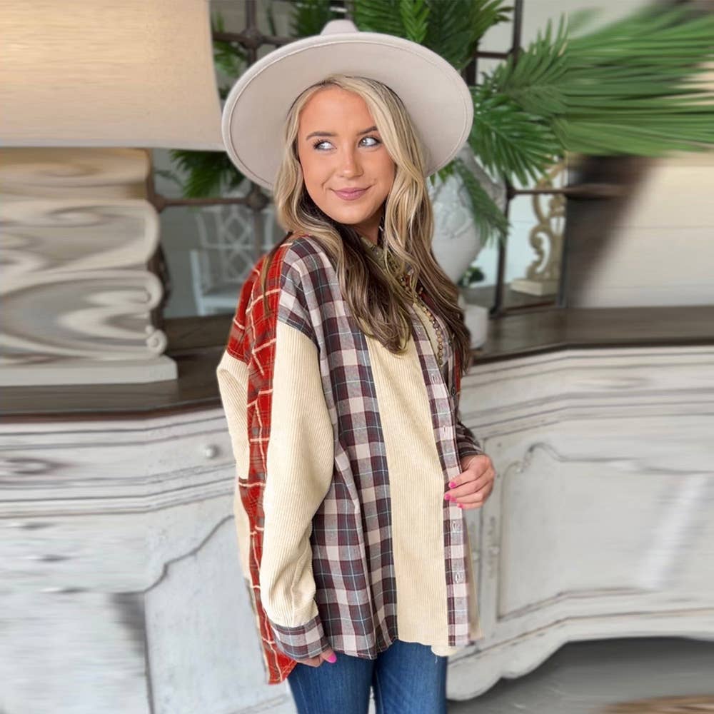 CORDUROY CHECK PATCHWORK SINGLE BREASTED SHIRT