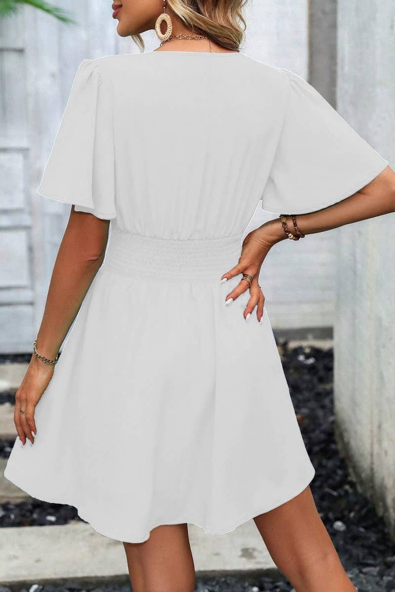 CWDSD7143_V-NECK LOTUS LEAF SLEEVE SOLID COLOR SKIRT DRESS