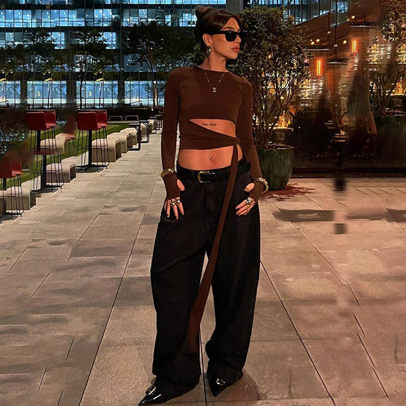 Fashionable long-sleeved round-neck lace-up top