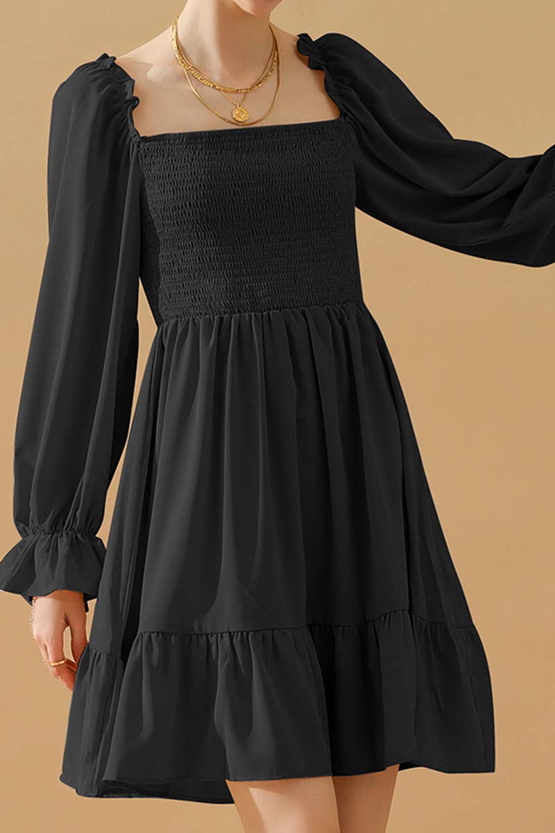 CWDSD10342_RUFFLE HIGH WAIST LONG SLEEVE CASUAL DRESS