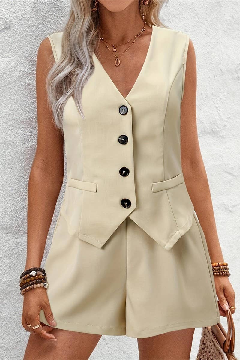 CWSS1118_V-NECK COMMUTER VEST SHORTS SHORT TWO-PIECE SUIT