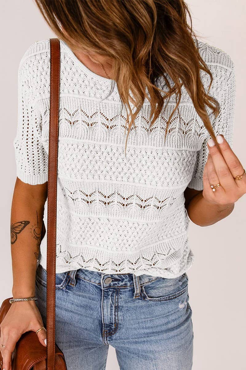 CWOSWS0144_CROCHET HOLLOW OUT KNIT SHORT SLEEVE TOP