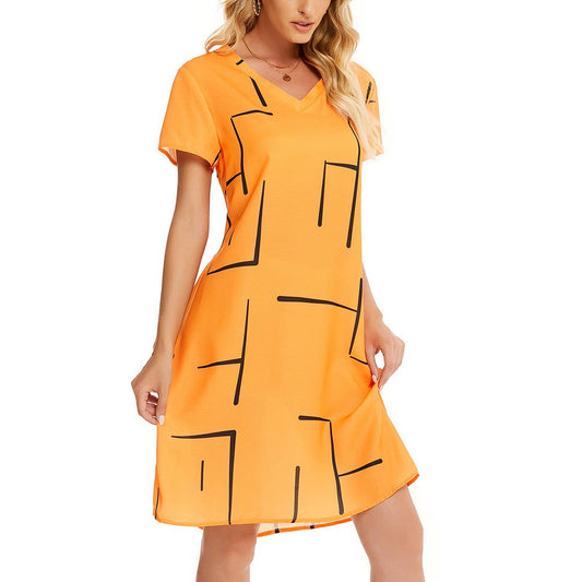 ABSTRACT PRINT V-NECK SHORT DRESS