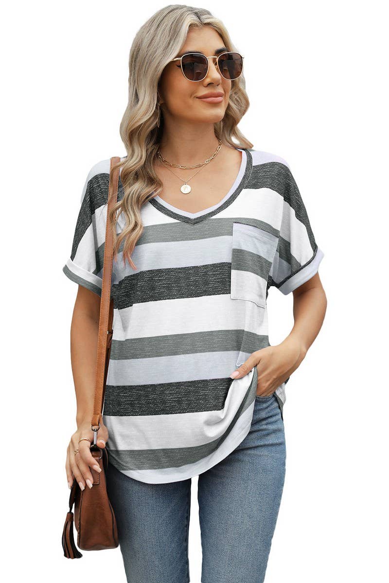 CWTBLS1703_V-NECK PRINTED STRIPED BAT SLEEVE T-SHIRT TOP