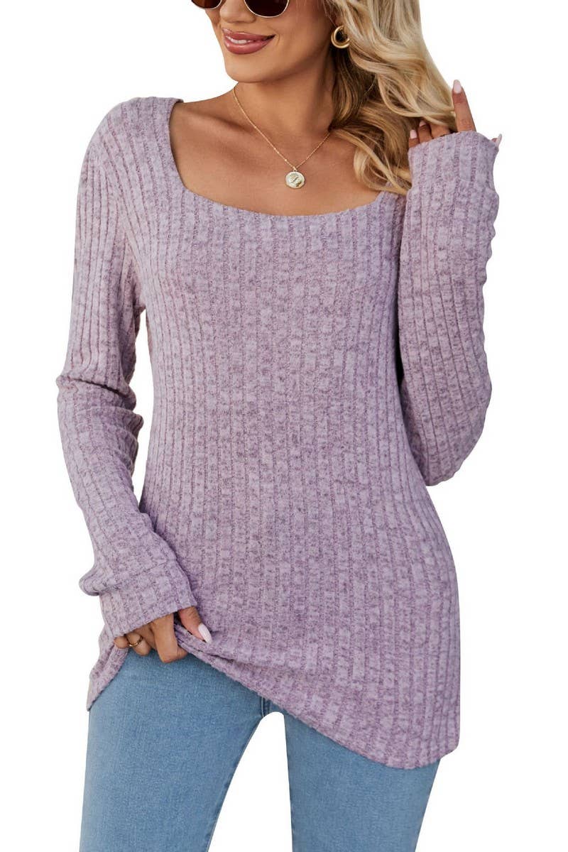 CWTBLL3197_SQUARE NECK RIBBED BRUSHED CASUAL LONG SLEEVE TOP