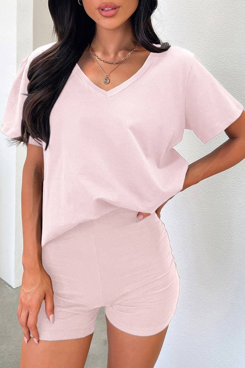 CWSTB2103_V NECK CASUAL ELEGANT SOLID TWO-PIECE SET