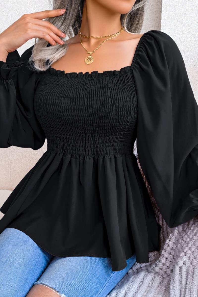 CWTBLL0957_SUMMER CHIFFON WOOD EAR LONG SLEEVE TOP