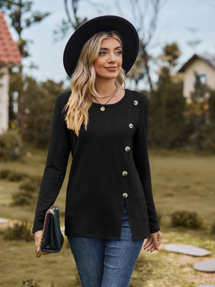 CREW-NECK BUTTONS DECORATED OPEN-SPLIT T-SHIRTS