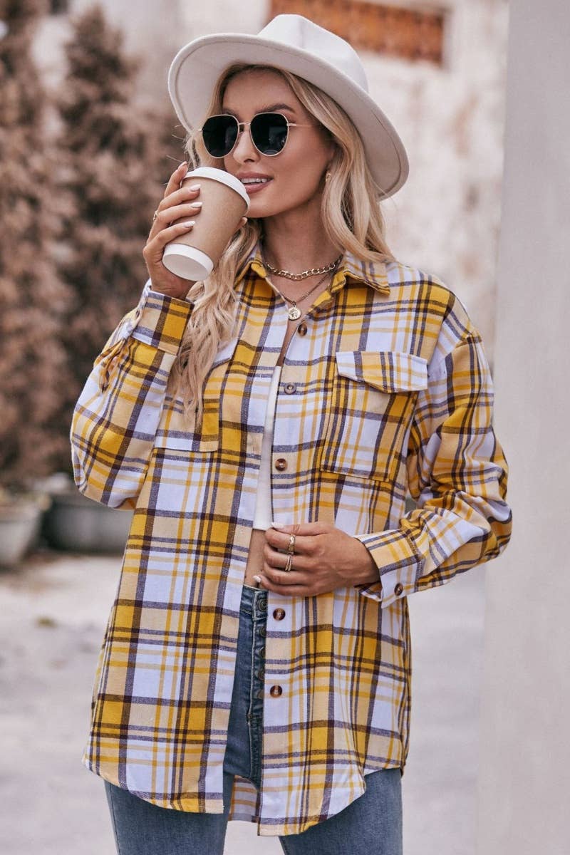 CWTSTL2188_AUTUMN WINTER POCKET PLAID LONG-SLEEVED SHIRT