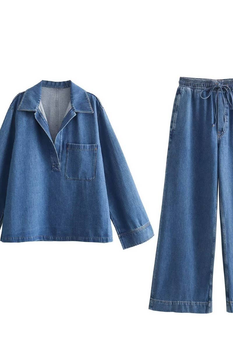 CWSTB1431_WASHED BLUE DENIM TOP AND STRAIGHT PANTS SET