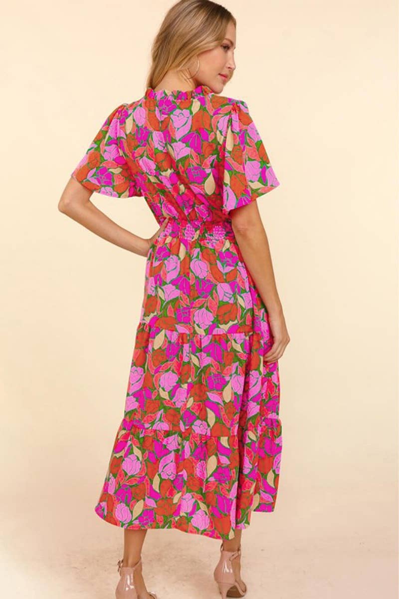 CWDMD3076_FLORAL PRINT SHORT-SLEEVED HIGH-WAISTED DRESS