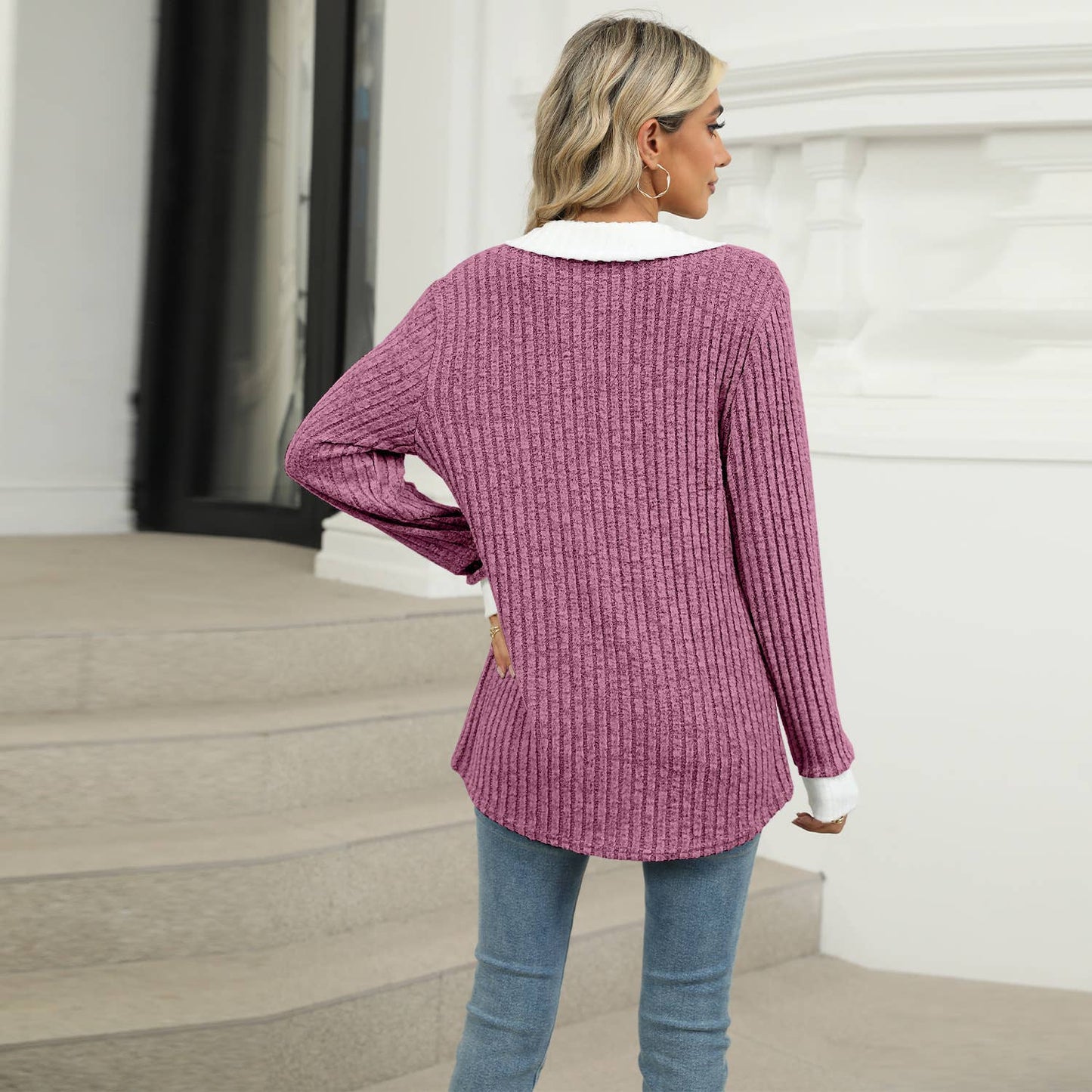 COLOR CONTRAST LAPEL LONG SLEEVE LOOSE T-SHIRT