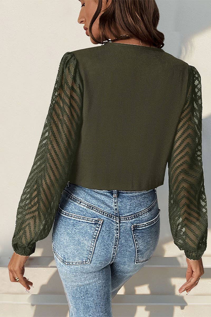 CWSBSL00030_SOLID V-NECK RUFFLE LACE SHEER BODYSUIT