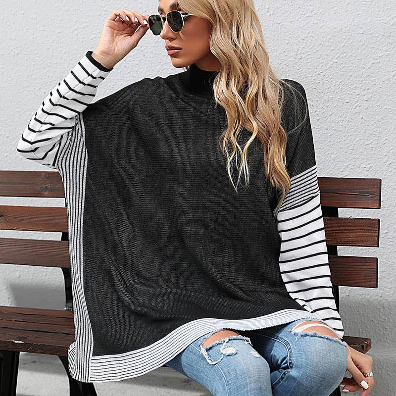 BAT-SLEEVED STRIPED HALF-TURTLENECK KNITWEAR