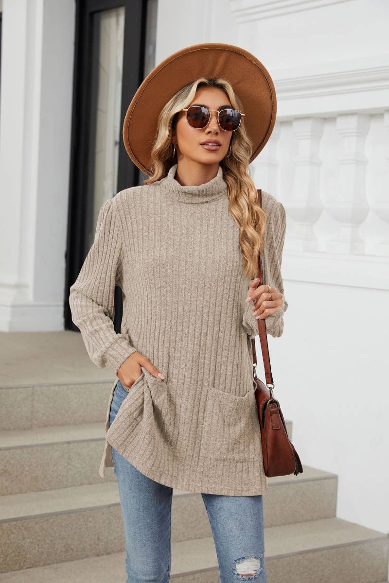 CWOSWL6563_TURTLENECK LONG SLEEVE POCKET SLIT SWEATER LONG