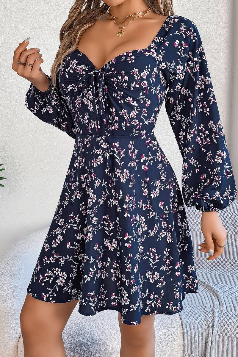 CWDSD7221_CASUAL SQUARE NECK FLORAL LONG SLEEVE A-LINE DRESS