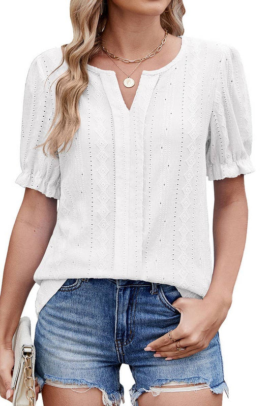 CWTBLS2276_V-NECK RUFFLE SLEEVE SOLID CASUAL T-SHIRT TOP