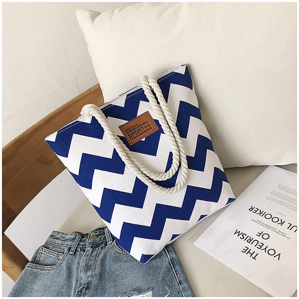 WAVE STRIPE CONTRAST COLOR SINGLE SHOULDER TOTE BAG_CWAB1709
