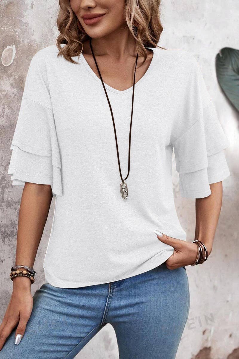 CWTBLS1614_SOLID COLOR V-NECK DOUBLE-LAYER SLEEVE T-SHIRT