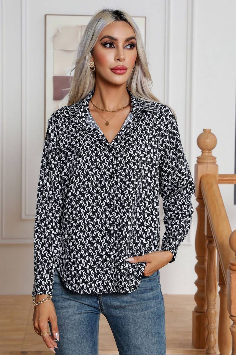 CWTTL1389_Casual Print Foldover Collar Pullover Top