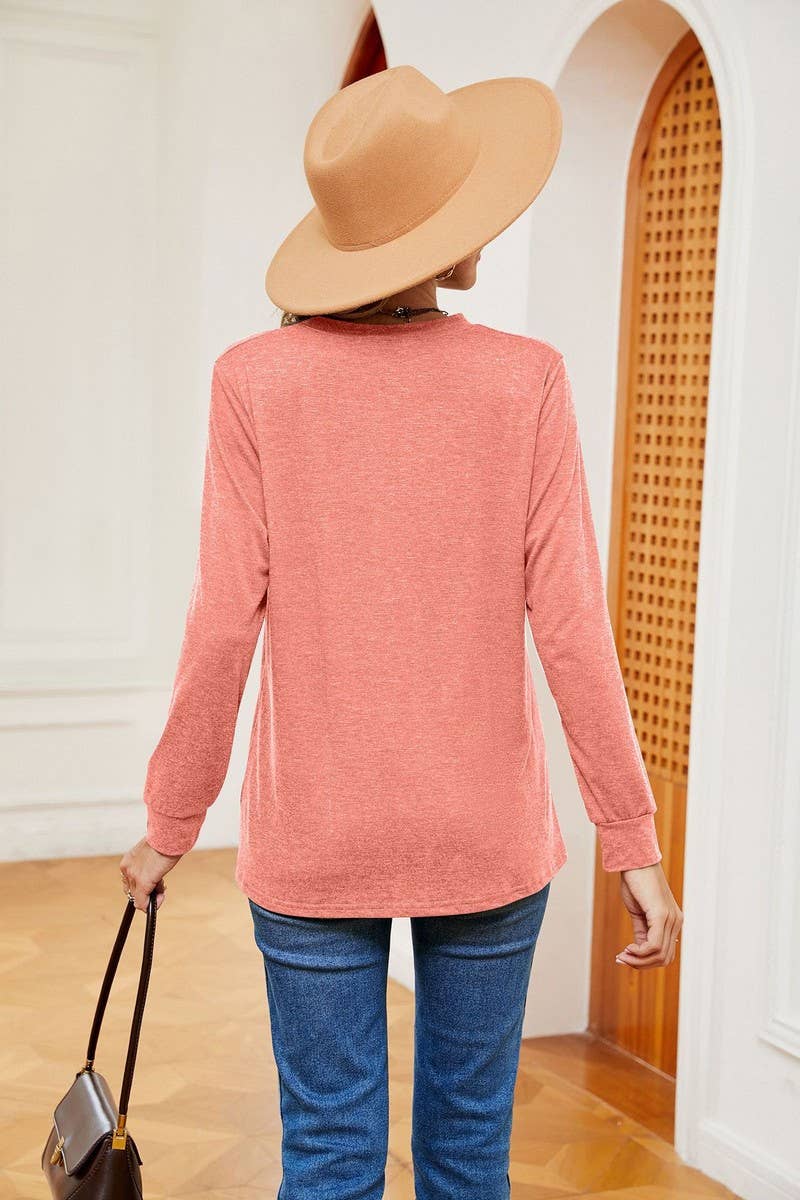 CWTBLL2371_V-NECK BUTTON LONG SLEEVE LOOSE PULLOVER TOP