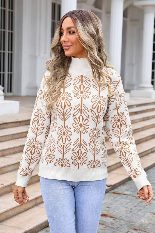 CWOSWL3108_CASUAL TURTLENECK PULLOVER FLORAL KNITTED SWEATER