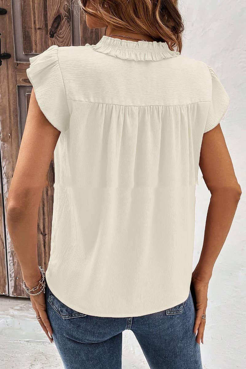 CWTBLSL0247_V-NECK RUFFLED SLEEVELESS TOP FOR WOMEN