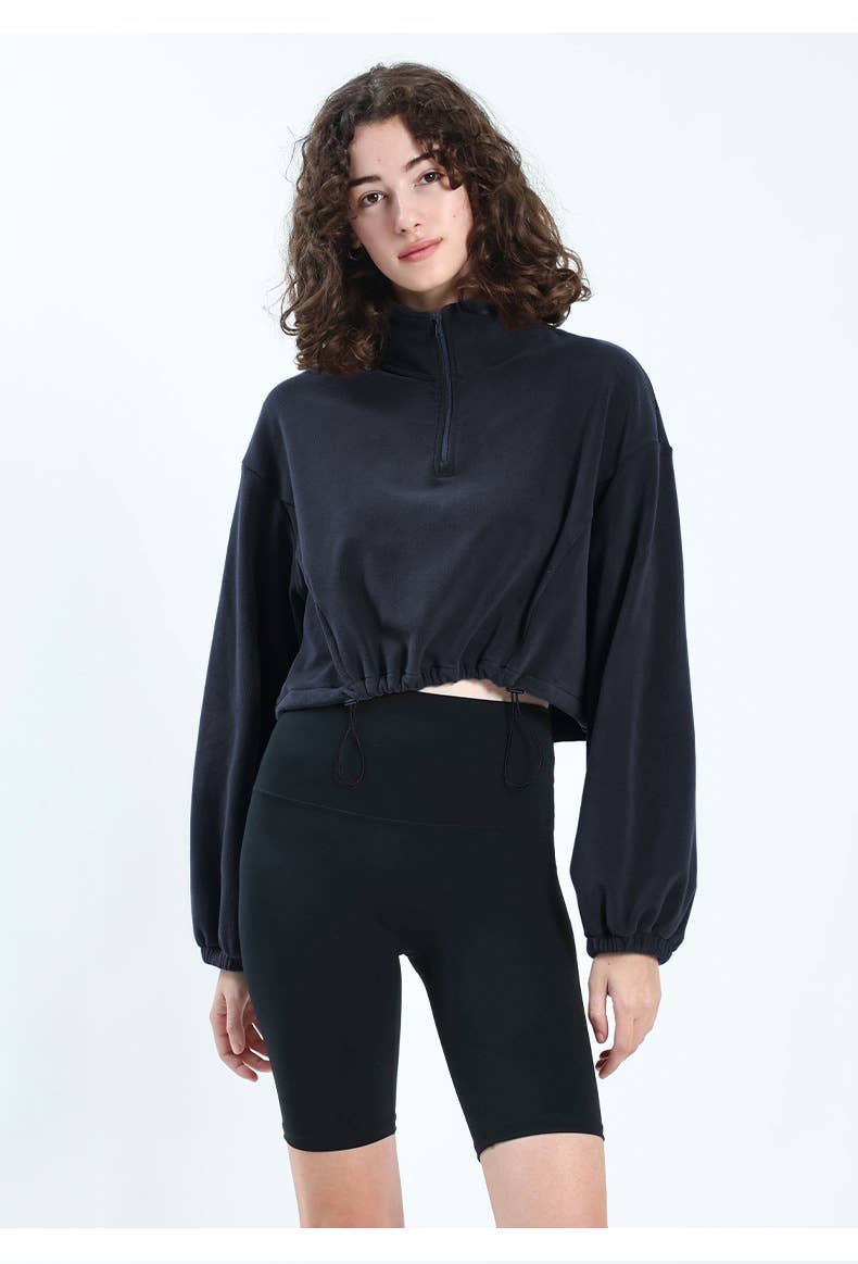 Adjustable hem semi-zipper fleece hoodie