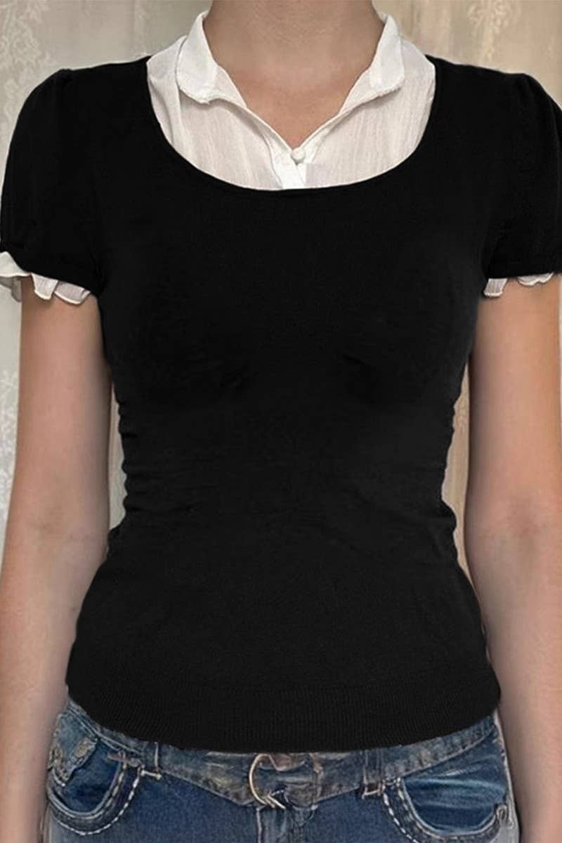 CWTTS00703_HOT GIRL STYLE SOLID COLOR STITCHING SHORT SLEEVE