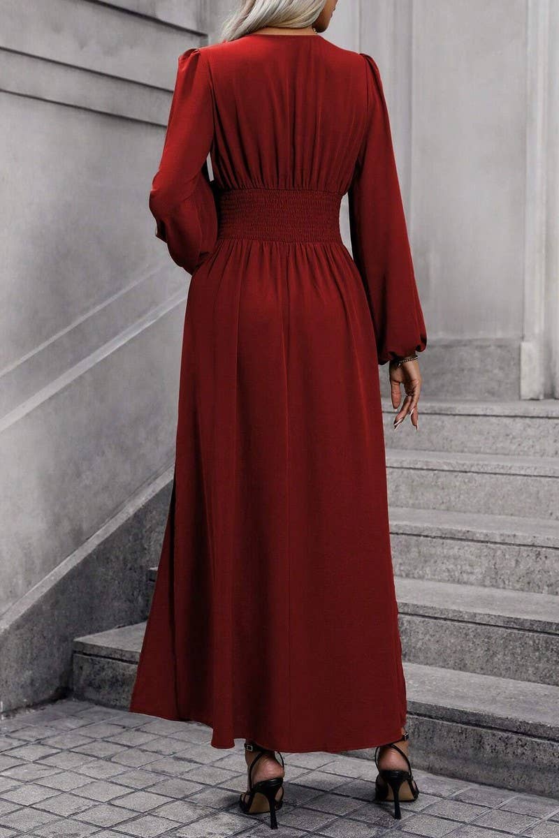 CWDMD3950_V-NECK LANTERN SLEEVES HIGH SLIT DRESS