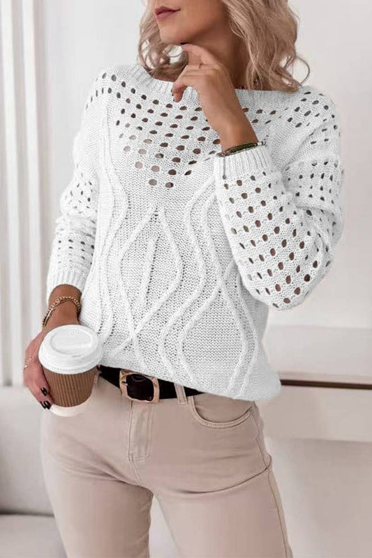 CWOSWL6866_CHIC OFF SHOULDER LOOSE KNIT HOLLOW OUT SWEATER