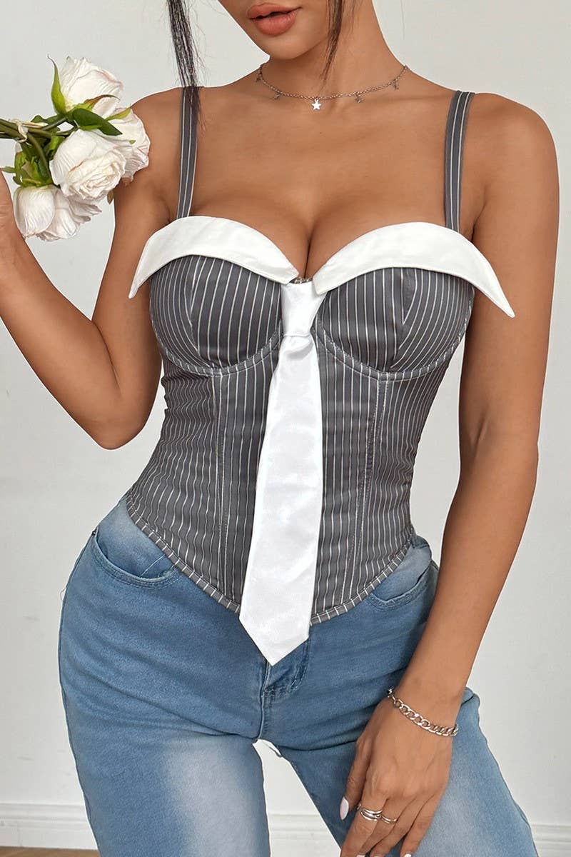 CWTHT0178_STRIPED LACE-UP LOW-CUT HERRINGBONE CAMISOLE TOP