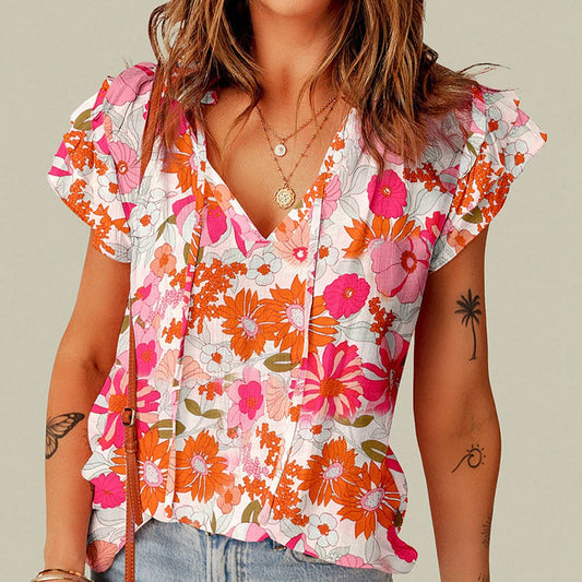 Floral print split V-neck chiffon lotus sleeves