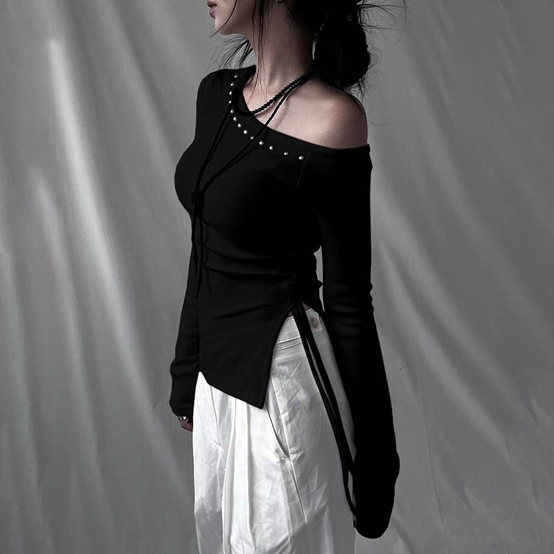 DIAGONAL SHOULDER ASYMMETRICAL DRAWSTRING TOP