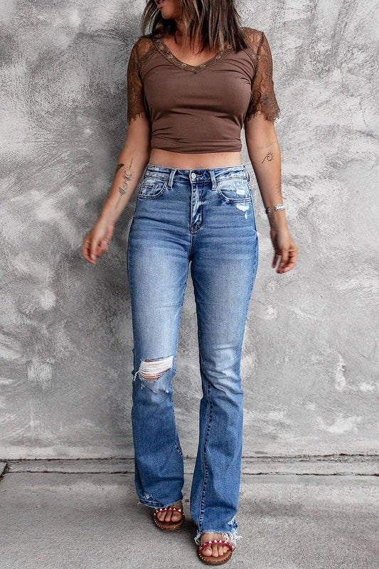CWJP0604_HIGH WAIST STRETCH RIPPED FRAYED HEM FLARE JEANS