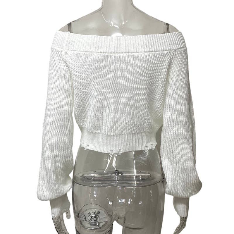 Crop top shoulder and cut-out knitted sweater