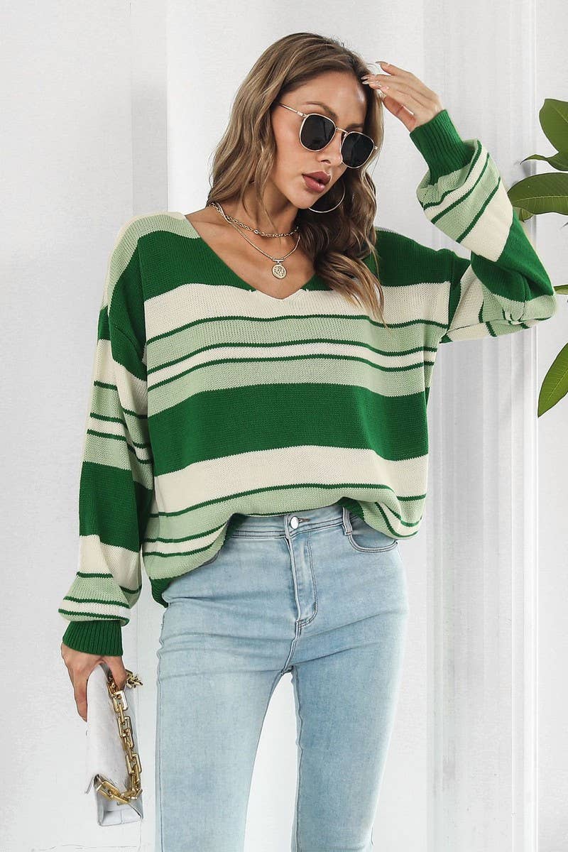 CWOSWL4085_STRIPED GRADIENT V-NECK LONG SLEEVE KNIT SWEATER