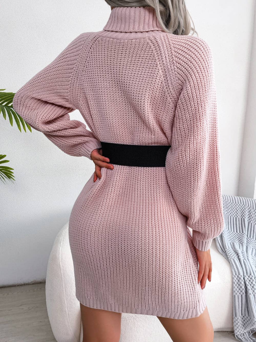 BUTTON-UP TURTLENECK LONG-SLEEVED SWEATER DRESS