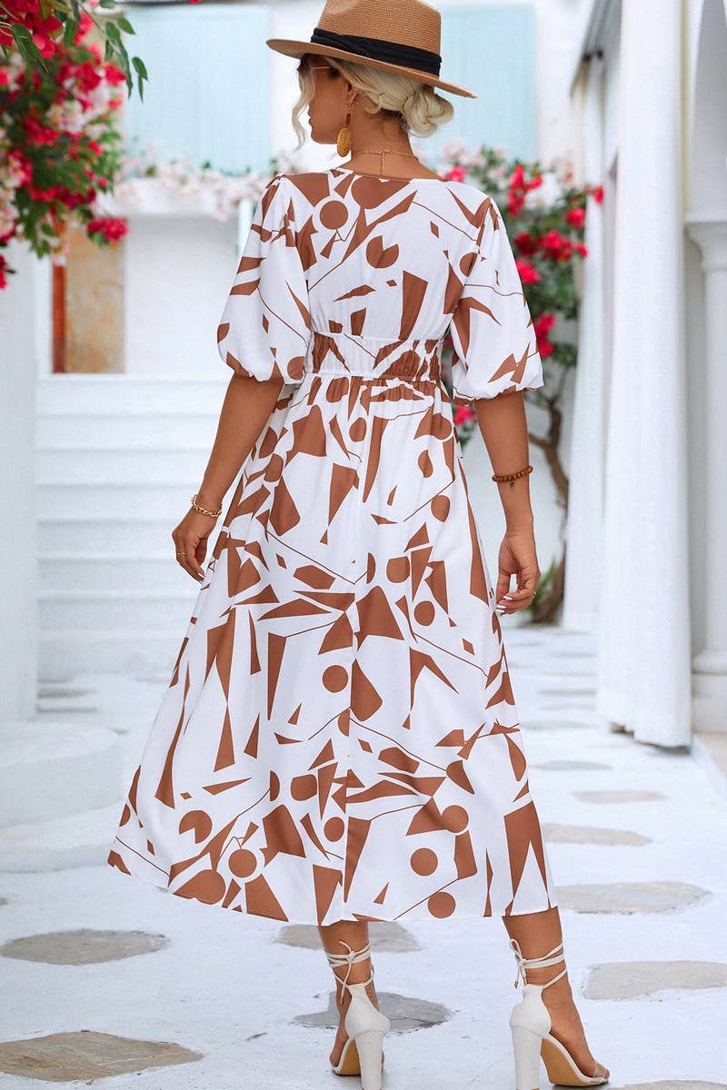 CWDMD2751_V NECK GEOMETRIC PRINT DRESS