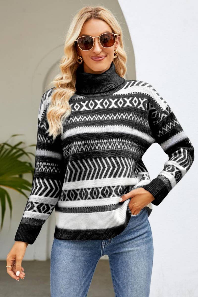 CWOSWL2696_LOOSE FIT GEOMETRIC TURTLENECK KNIT TOP