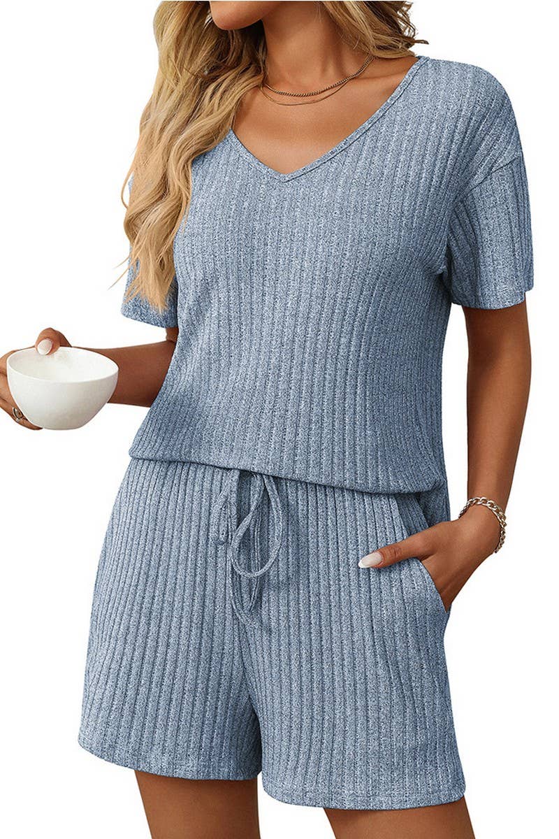 CWSTB1663_SOLID COLOR STRIPED SHORT-SLEEVED HOME WEAR SUIT