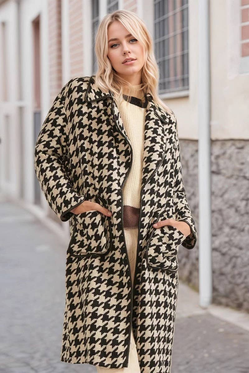 CWOCO1270_HOUNDSTOOTH LOOSE LONG TRENCH COAT WOOLEN COAT